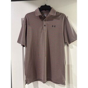 Under Armour Mens HeatGear Polo Shirt Medium Loose Grey Orange Striped Golf Top‎